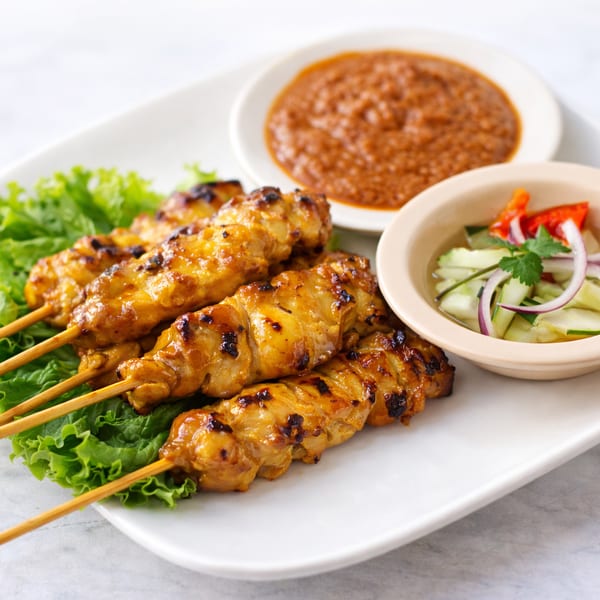 Chicken satay skewers with peanut sauce and cucumber salad.