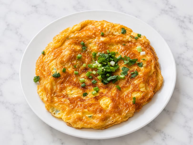 Golden-brown omelet topped with fresh green onions and cilantro on a white plate.