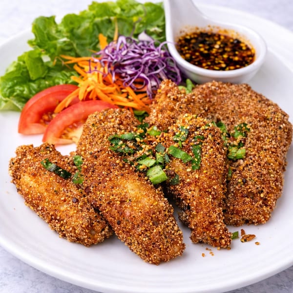 Zapp wings, crispy seasoned chicken wings with spicy dipping sauce and salad.