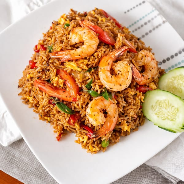 Shrimp fried rice with red peppers, green peas, and sliced cucumbers on a white plate.