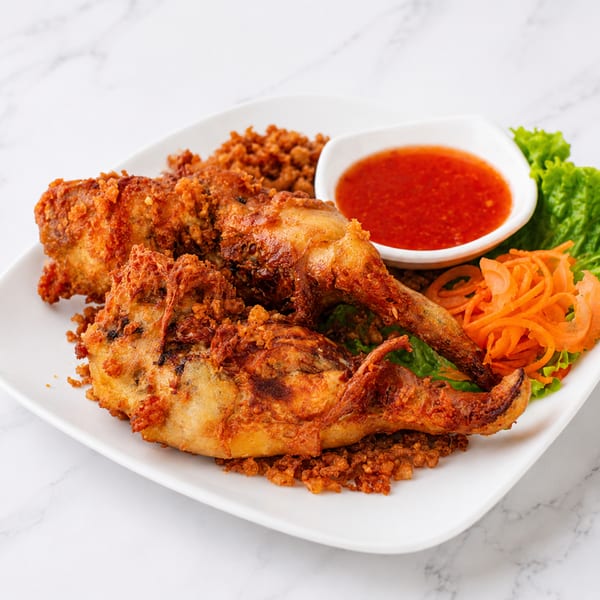 Crispy stuffed chicken wings with sweet chili sauce and vegetables.