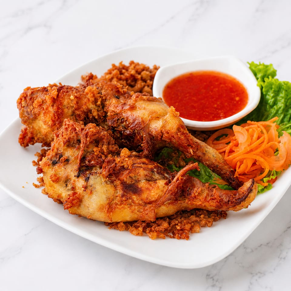 Crispy stuffed chicken wings with sweet chili sauce and vegetables.