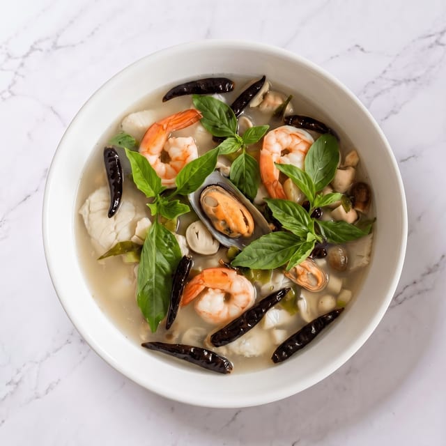 Clear Hot & Sour Seafood Soup.